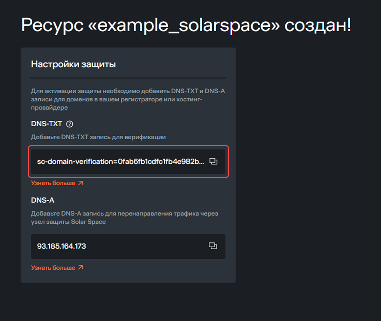 Значение TXT-записи в кабинете
