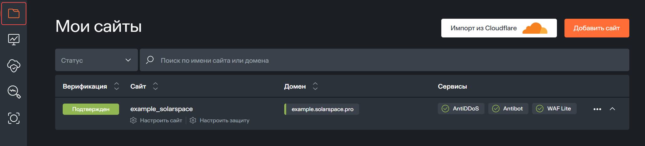 My sites page on sidebar