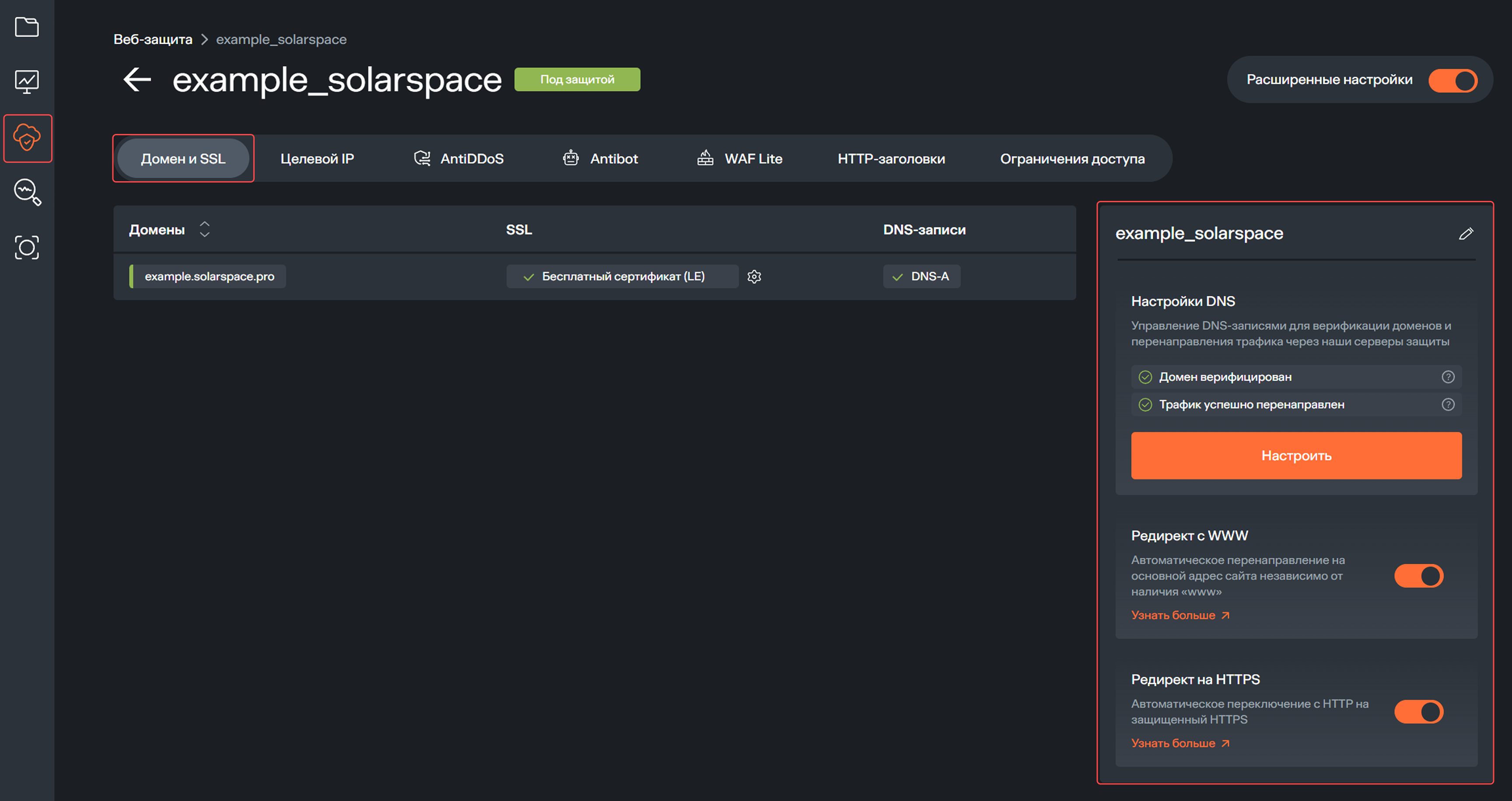 Domain tab and settings panel